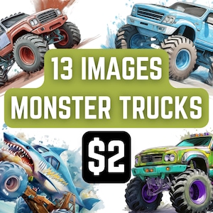 13 Monster Truck Clipart Png Jpg Monster Truck Clipart, Fast Car, Racing Clipart, High Quality JPG, Clipart, Junk Journal Digital Download