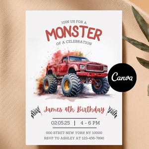 Editable Red Monster Truck Birthday Invitation Monster Truck Invite Red Monster Truck Party Invite Boys Birthday Party Invite Digital