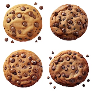 May include: Four chocolate chip cookies with brown edges and a light brown center. The cookies are arranged in a square pattern with a few chocolate chips scattered around them.