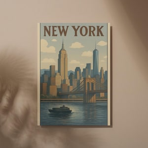 Póster de viaje de Nueva York, arte mural retro de Manhattan, decoración del horizonte de Nueva York, impresiones de paisajes de ciudades de EE. UU. para el hogar, descarga digital