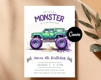 Editable Green Monster Truck Birthday Invitation Monster Truck Invite Grey Monster Truck Party Invite Boys Birthday Party Invite Digital