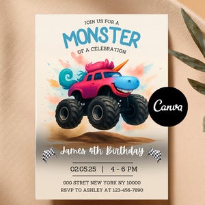 Editable Pony Monster Truck Birthday Invitation Unicorn Monster Truck Invite Bull Monster Truck Party Invite Boys Birthday Party Invite