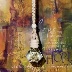 May include: A clear glass bottle with a white cork stopper and a gold and white cord. The bottle is filled with dried flowers and is hanging from the cord. The background is a blurred image of a painting with the words "Hope sees the invisible, feels the intangible, achieves the impossible, Hope" written on it.