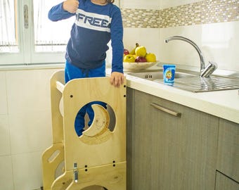 Torre Montessori del Sol y la Luna en Madera de Álamo | Mesa de centro convertible personalizable | Torre de aprendizaje para niños