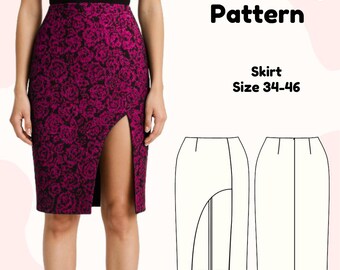 High Waist Pencil Skirt Sewing Pattern PDF | Side Slit Midi Skirt | Sizes EU 34–46