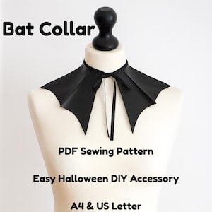 May include: A black bat collar, displayed on a mannequin, with the text "Bat Collar." The collar has a tie closure and bat wing-shaped edges. Text on the image reads "PDF Sewing Pattern" and "Easy Halloween DIY Accessory."
