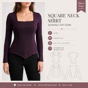 May include: A square neck shirt sewing pattern. The image shows a woman wearing a long-sleeved, dark purple shirt with a square neckline and a textured panel. The pattern includes sizes 34-48 and is for an intermediate sewing level.