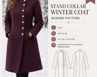 High Collar Winter Coat Sewing Pattern | Women's Sizes 34-48 (PDF Pattern)