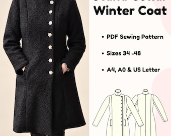 Op de afbeelding: Een zwarte, getextureerde winterjas met een opstaande kraag en een rij zilveren knopen. De tekst luidt: Stand Collar Winter Coat, PDF Sewing Pattern, Sizes 34-48, A4, A0 & US Letter. Inclusief een lijntekening van de voor- en achterkant.