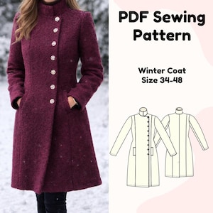 Patrón de costura para abrigo de invierno con cuello alto / Tallas para mujer 34-48 (Patrón en PDF)