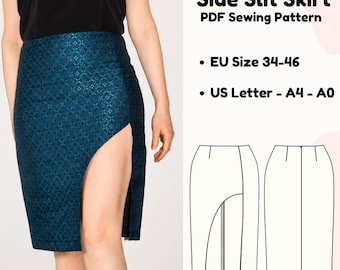 May include: A PDF sewing pattern for a side slit skirt, featuring text that reads Side Slit Skirt, PDF Sewing Pattern, EU Size 34-46, and US Letter - A4 - A0. The image displays a teal skirt with a geometric pattern and a high side slit.
