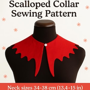 May include: A red, scalloped collar sewing pattern displayed on a black mannequin head. The collar is fastened with a white button. The text at the top reads "Scalloped Collar Sewing Pattern". The bottom text indicates neck sizes 13.4-15 inches.