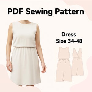 Może przedstawiać: Kremowa sukienka bez rękawów z marszczoną talią i spódnicą do kolan. Obraz zawiera tekst "PDF Sewing Pattern" i "Dress Size 34-48". Widoczny jest również rysunek sukienki.