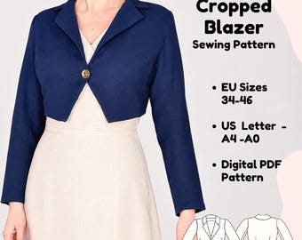 Cropped Blazer Sewing Pattern PDF | Fitted Lined Jacket with Lapels | Sizes EU 34–46