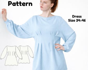 Knit Dress Sewing Pattern PDF | Pleated Front Jersey Dress with Wide Sleeves | EU 34–46