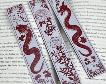 Dragon Bookmarks Set of 3 – Red & White Blossom Design, Unique Literary Gift, Fantasy Reading Accessory