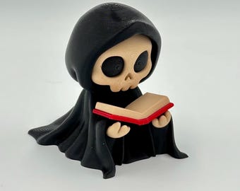 Grim Reaper Reading Book: 3D Printed Gothic Shelf Decor