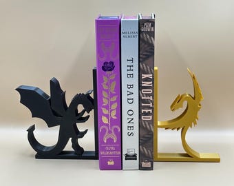 Dragon Bookends 3D Printed Black & Gold Pair, Unique Fantasy Home Office Decor, Perfect Gift for Book Lovers