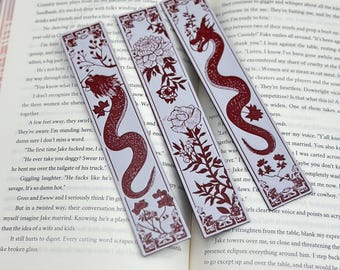 Dragon Bookmarks Set of 3 – Red & White Blossom Design, Unique Literary Gift, Fantasy Reading Accessory