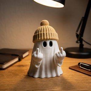 Puede incluir: Una figura de fantasma blanca que lleva un gorro de punto beige con un pompón en la parte superior. El fantasma tiene dos ojos ovalados negros y mantiene ambas manos levantadas con los dedos corazón extendidos. La figura tiene un acabado mate.