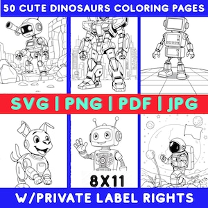 50 Robots Coloring Pages – plr | Printable Robot-Themed png, svg, jpg & PDF Bundle for Kids and Digital Sellers