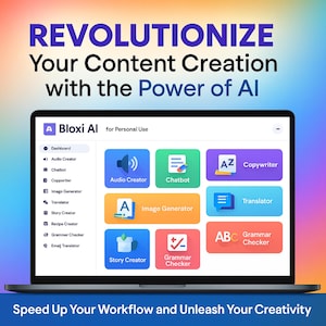 Peut inclure: Un écran d'ordinateur portable affiche l'interface Bloxi AI, présentant des outils de création de contenu. L'interface comprend des options pour la création audio, les chatbots, la génération d'images, etc. Le texte indique "REVOLUTIONNEZ Votre Création de Contenu avec la Puissance de l'IA."