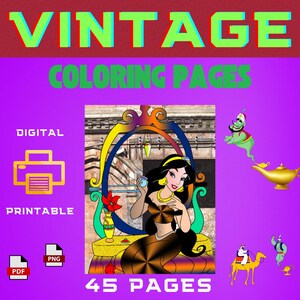 45-Page Vintage Aladdin Coloring Pages – Printable Nostalgic Coloring Book, Classic Fairy Tale Art, Digital Download for Kids & Adults