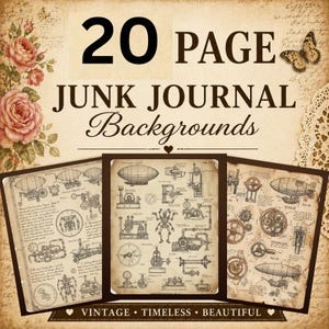 May include: A digital collection of 20 page junk journal backgrounds featuring vintage-style sepia-toned paper with illustrations of airships, mechanical gears, and technical diagrams, accented by pink rose clusters and a butterfly graphic.