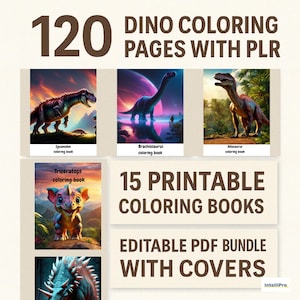 120 Dino Coloring Pages | 15 Dinosaur Coloring Books with Covers & PLR | Printable PDF Bundle for Kids and Resellers