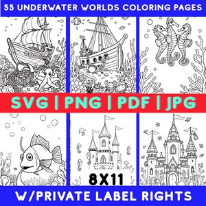 55 Underwater Worlds Coloring pages – plr | Ocean & Sea Life Printable Bundle in png, jpg, svg and PDF for Kids and Creators