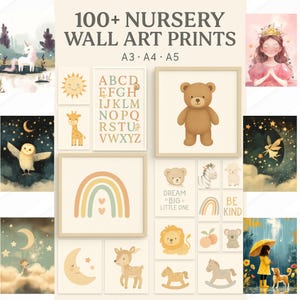 Más de 100 láminas de arte mural para guarderías: tamaños A3, A4 y A5 / Archivos PNG para decoración de habitaciones infantiles, salas de juegos y regalos para bebés. Incluye derechos de reventa.