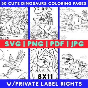 50 Cute Dinosaurs Coloring Pages – plr | printable gino-themed png, JPG, SVG & PDF Bundle for Kids