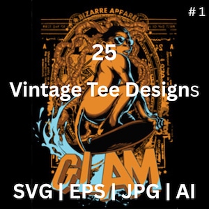 25 Vintage T-shirt designs bundle | svg, eps, ai & JPG Files with PLR | Retro Typography Graphics for POD, Shirts and Merch