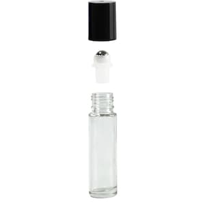 Pode incluir: Um frasco de vidro transparente com tampa preta e bola de rolamento prateada. O frasco est&aacute; vazio e pronto para ser preenchido com &oacute;leos essenciais ou perfume.