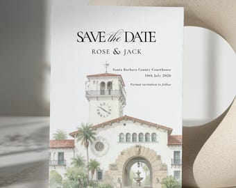 Santa Barbara County Courthouse Wedding Invitation Save the Date Invitation: Save the Date, Venue Sketch, Personalized Card