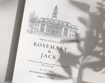 Old Marylebone Town Hall Wedding Invitation: Fine Line Venue Sketch (Digital or Printed Option)