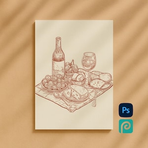 May include: A sepia-toned illustration of a wine and cheese arrangement. A wine bottle, a filled wine glass, grapes, cheese, and bread are arranged on a checkered cloth. A spoon and a knife are also present. The image is on a cream-colored background.