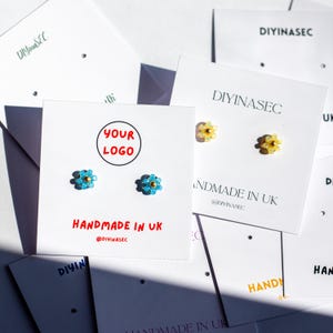 Tarjetas para pendientes con diseño de logotipo y texto personalizado, tarjetas para exhibir joyas, tarjetas para exhibir joyas personalizadas de 6 cm x 6 cm.