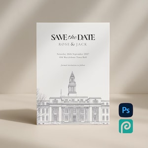 May include: A save-the-date card with the text "SAVE the DATE ROSE & JACK" in black. The card features a detailed architectural illustration of a building and the date "Saturday 26th September 2027". The card also includes the text "Old Marylebone Town Hall".