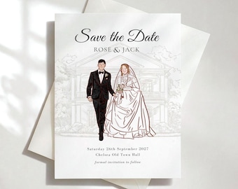Save the Date Card, Wedding Save the Date, Custom Portrait Save the Date, Venue Sketch Save the Date