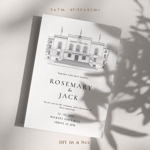 Invitación de boda al Ayuntamiento de Hackney, invitaciones de boda con bocetos del lugar, invitaciones con pintura del lugar, tarjeta de invitación de boda personalizada