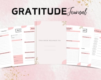 Puede incluir: Un diario de gratitud imprimible rosa y dorado con 150 páginas. La portada presenta el texto "GRATITUDE Journal" en negro. El diario está diseñado para ayudar a los usuarios a cultivar la gratitud y la atención plena.
