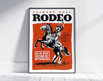 Vintage Jackson Hole Rodeo Poster | Retro Wyoming Western Wall Art | Cowboy Horse Print | Rustic Orange Ranch Decor