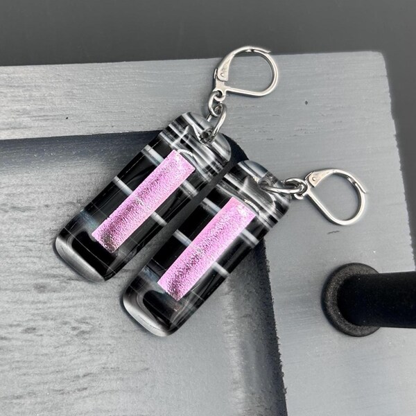 Dichroic Pink Glass Dangle Earrings: Minimalist Iridescent Jewelry