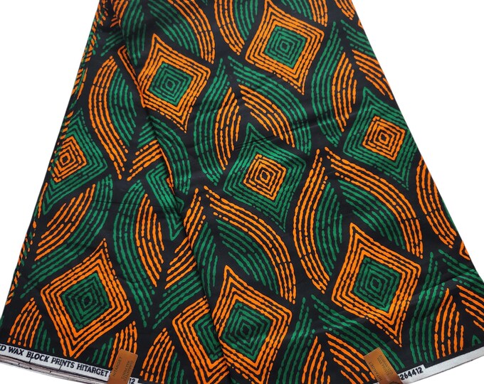Orange Ankara Fabric with Purple and Green Leaf Design