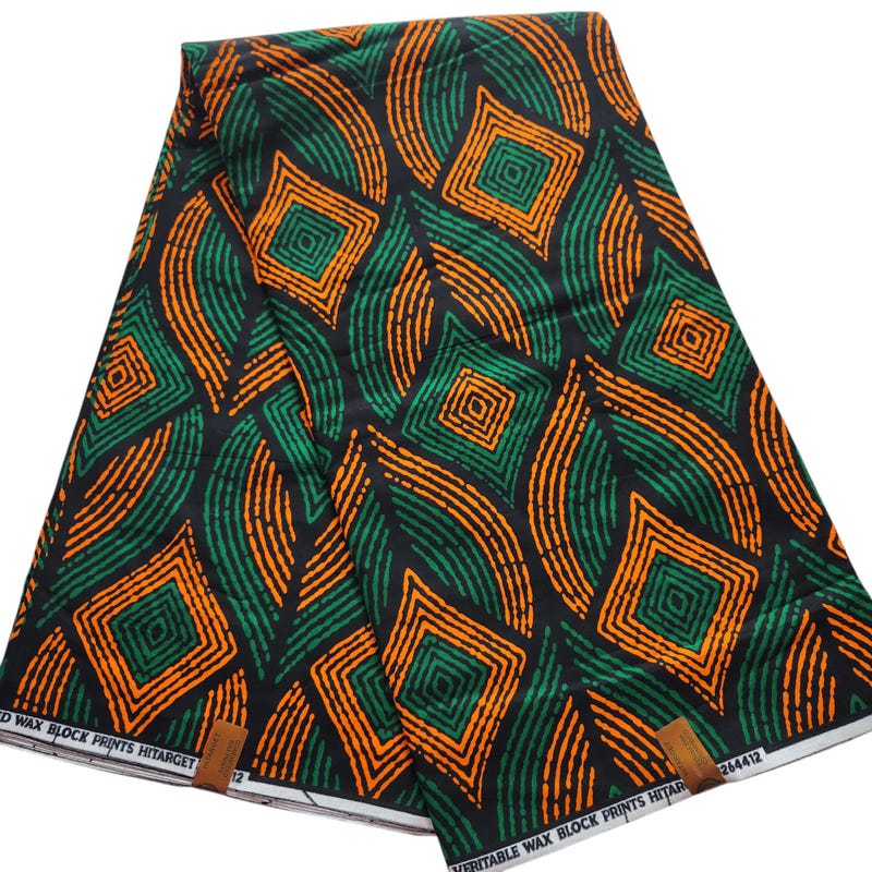 Green Geometric Ankara Fabric with Orange Accents
