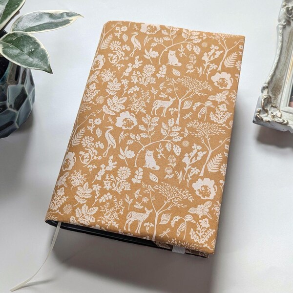 Adjustable Book Cover Fauna, Wild Wood Fabric Dust Jacket, Hardcover Book Protector, Cottage Book Cover