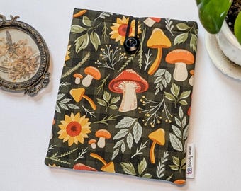 Mushroom Sunflower Book Sleeve, Forest Hardcover Book Protector, Paperback Book Sleeve, eReader Kindle Sleeve, Book Journal Cover