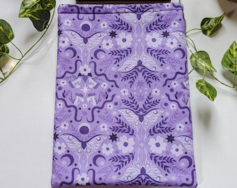 Purple Moth Book Sleeve, Halloween Woodsy Hardcover Book Protector, Purple Paperback Book Sleeve, eReader Kindle Sleeve, Book Journal Cover