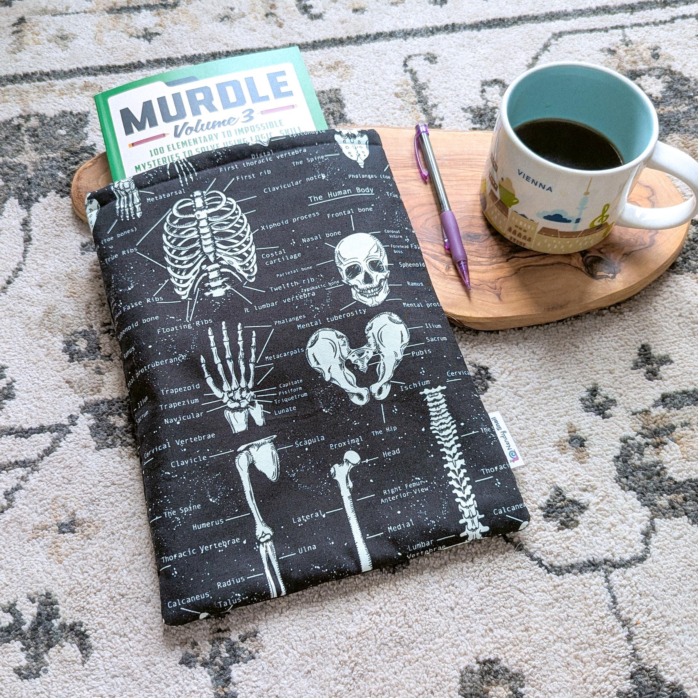 Book Sleeve Dark Academia, Skeleton Booksleeve, Anatomy Book Protector, Large Book Pouch, Padded Kindle Sleeve, Halloween Book Cover